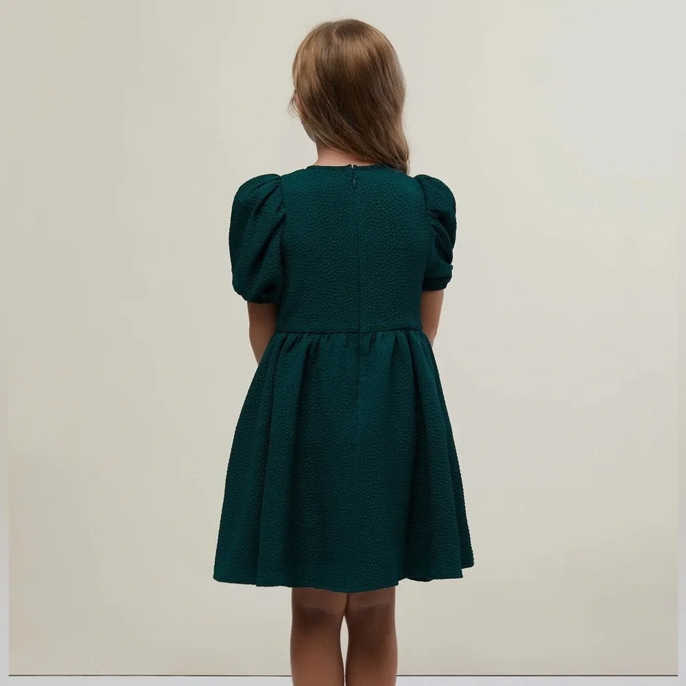NWT Rachel Parcell Jaquard girls Puff Sleeve Dress in Dark Emerald Green - Picture 4 of 5
